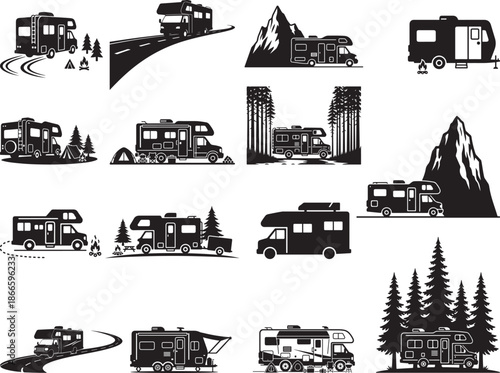 RV Camper Van Silhouette on White Background
