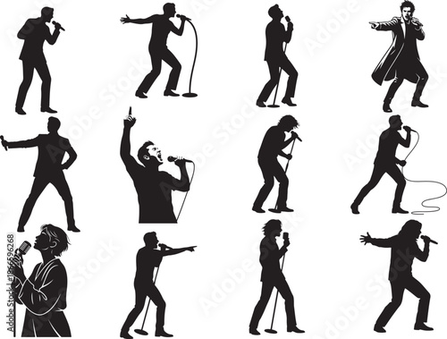 Singer with Microphone Silhouette on White Background