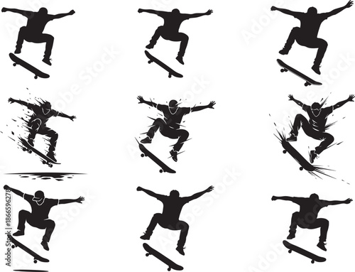Skateboarder Trick Silhouette on White Background