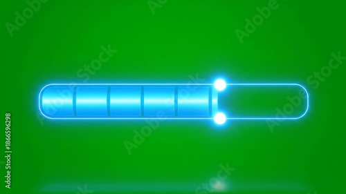 Neon blue loading bars with glowing dots representing a progress indicator. Digital interface element for technology and software development concept.