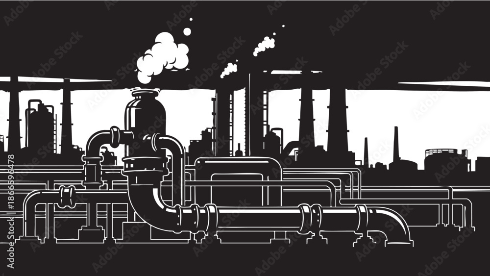 Obraz premium Industrial pipes and machinery operating in a factory setting with smoke emissions