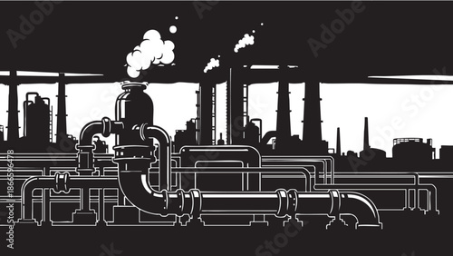 Industrial pipes and machinery operating in a factory setting with smoke emissions