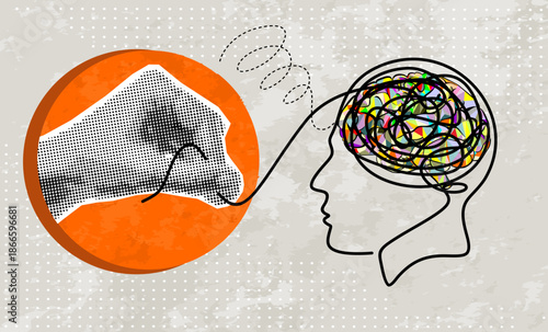 Trendy Halftone Collage Psychologic therapy session concept with human head  and helping hand unravels the tangle of messy thoughts with mental disorder, anxiety and confusion mind or stress. 