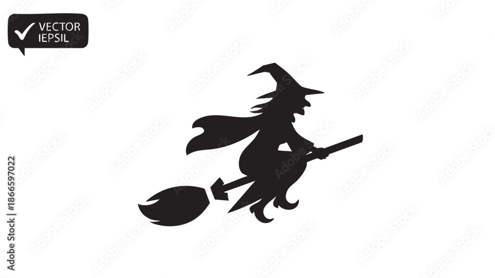 Fototapeta premium Silhouette of a witch flying on a broomstick against a white background