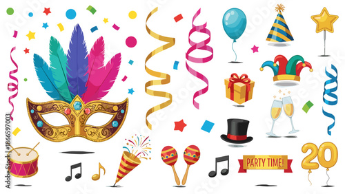 Colorful mardi gras party decorations and accessories