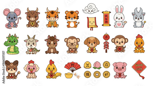 Cute cartoon animals and chinese new year symbols