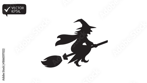 Silhouette of a witch flying on a broomstick against a white background