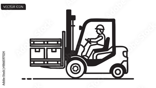 A worker operating a forklift with a pallet in a warehouse setting from a side viewpoint
