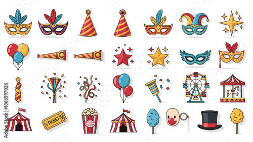 Colorful carnival mask and party icons
