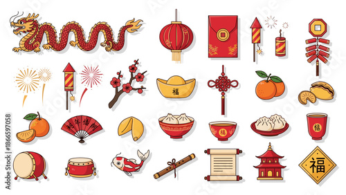 Collection of chinese new year icons and symbols