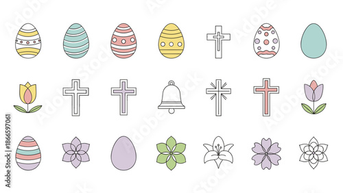 Colorful easter icons with eggs, crosses, flowers, and tulips
