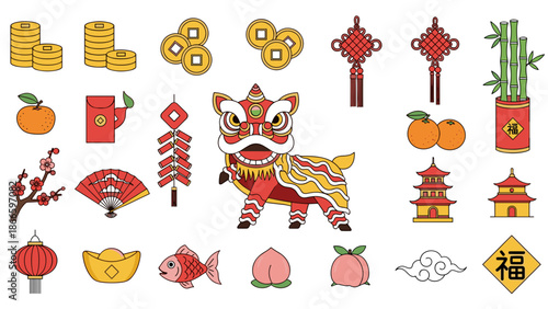 Vibrant chinese new year icons and symbols