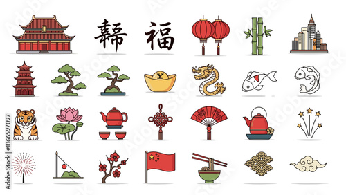Colorful chinese new year icons and symbols