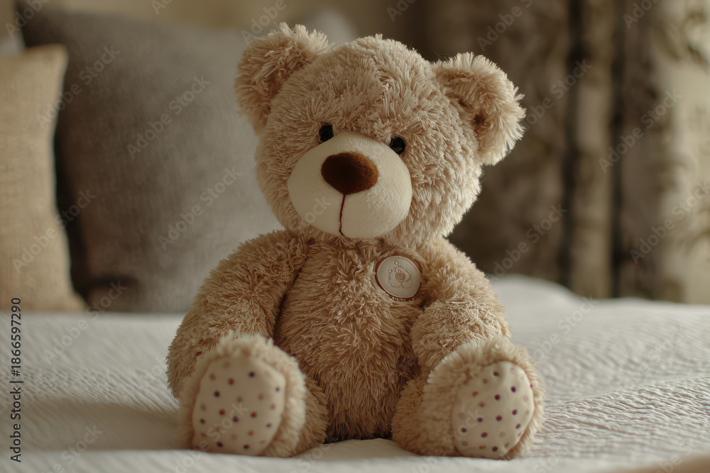 Obraz premium Brown Teddy Bear Sitting on Bed in Bedroom