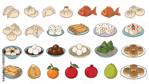 Variety of asian food and fruit