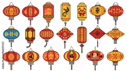 Vibrant collection of traditional chinese lanterns in various shapes and colors