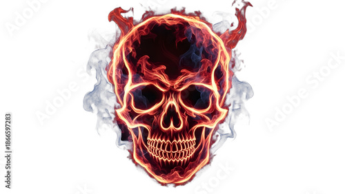 Flaming skull with glowing orange flames on transparent background isolated on transparent background, high quality cutout image