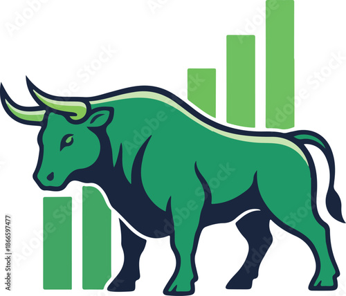 Green bull market symbol with ascending bar graph illustrating financial growth and prosperity