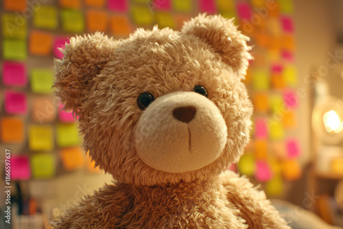 Brown Teddy Bear Sitting in Room with Colorful Sticky Notes