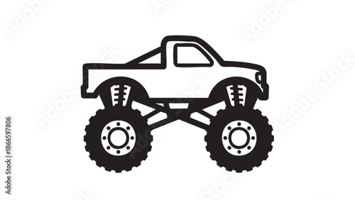 A black and white illustration of a monster truck viewed from the side against a white background