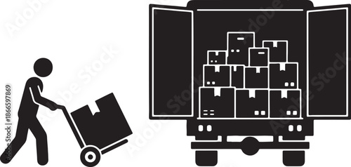 A Person Pushing a Cart with a Box Towards an Open Truck Filled with Stacked Boxes also transparent background