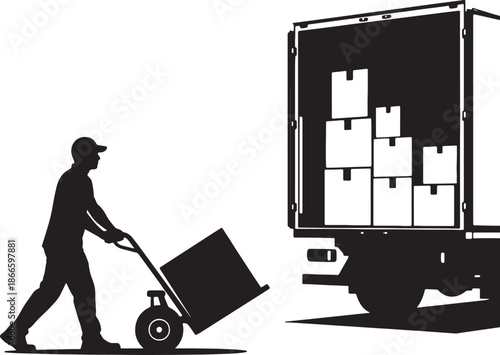 A Person Pushing a Dolly with a Large Black Towards an Open Truck Filled with Stacked Boxes also transparent background