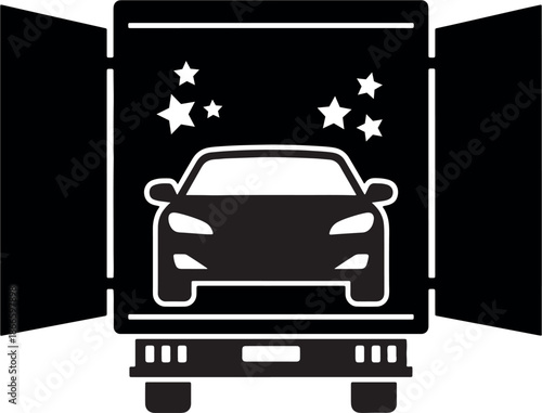 Black and white car with stars on a dark background inside an open garage door also transparent background