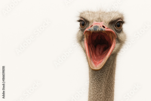 Ostrich with an open beak, surprise and emotions. Space for text.