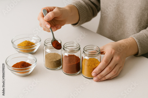 A person pours spices into jars, balance and choice of taste.