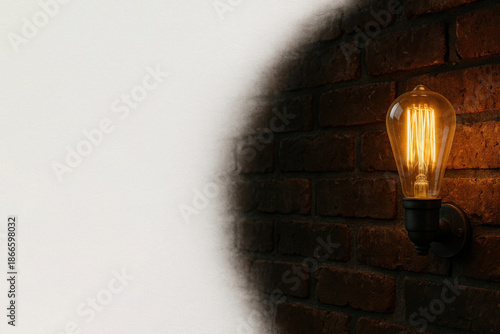 Vintage lamp on brick wall in the dark. Space for text.