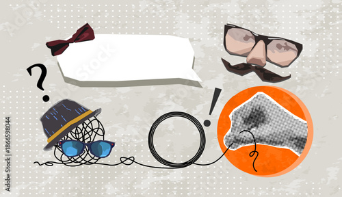 Trendy Halftone Collage Metaphor of disorganized difficult problem, mess with black single continuous tangle thread in need of unraveling. Contemporary vector illustration