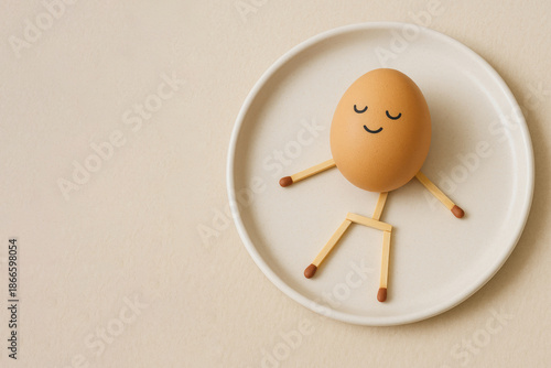 An egg with a face made of matches on a plate. Space for text.
