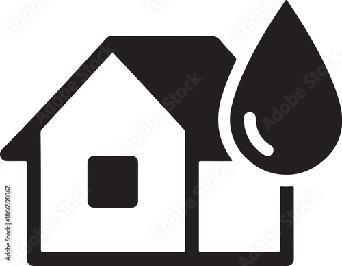 Black and white of a house with a water droplet symbol on the roof also transparent background