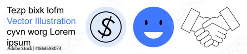 Finance, teamwork, agreements, communication, collaboration, monetary topics. A dollar symbol, smiling face and handshake are visible. Finance and agreements concepts