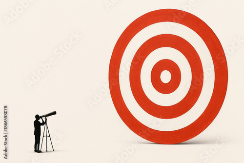 A man looks through a telescope at a large target. Space for text.