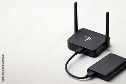 The router is connected to the power bank on a light background. Space for text.
