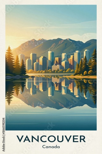 Vintage Travel Poster, Vancouver City Skyline and Mountain Reflection