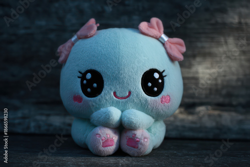 Cute Blue Plush Toy with Pink Bows on Wooden Background