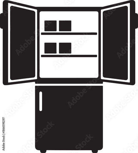 Open black refrigerator with shelves and compartments visible also transparent background white