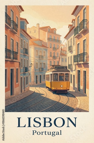 Vintage Travel Poster  of Lisbon Street with Famous Eléctrico 28 Tram.