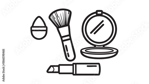 Simple black and white illustration of various cosmetic items arranged neatly on a plain white background