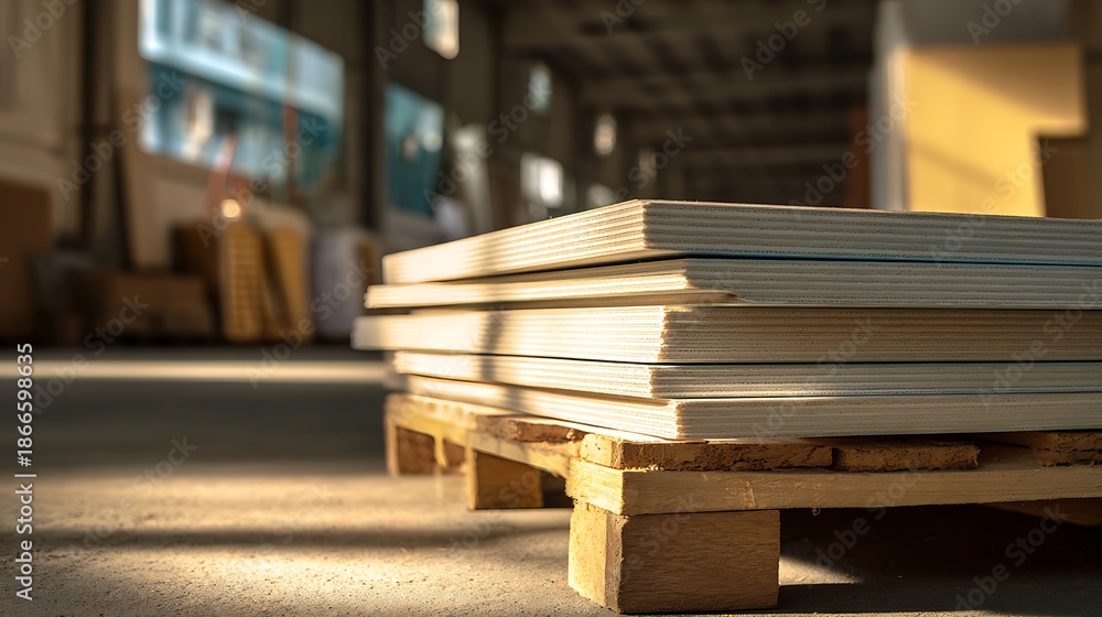 Obraz premium A stack of white rectangular objects rests on a wooden pallet inside a warehouse, bathed in light