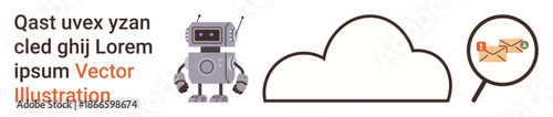 Artificial intelligence, cloud computing, email security, data analysis, technology concepts, cybersecurity. A robot, cloud outline and magnifying glass focused on email. AI and cloud computing