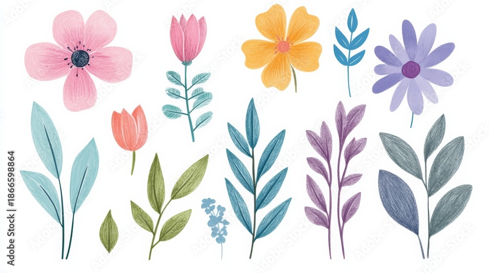 Obraz premium Hand drawn flower crayon watercolor set with pastel colors featuring various floral and leaf designs suitable for children and nature themes