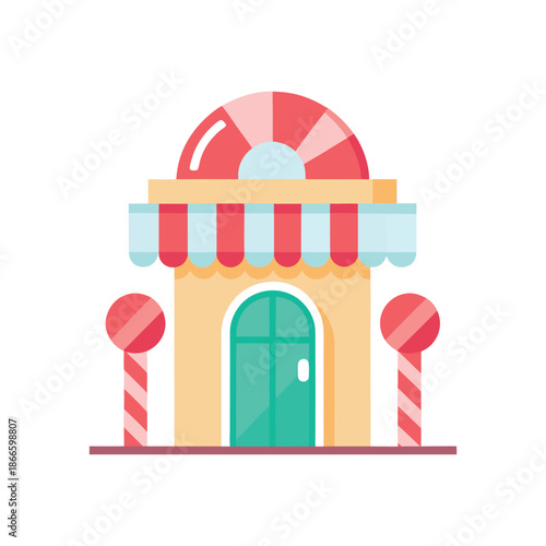 Colorful Candy Storefront with Awning and Candy Canes