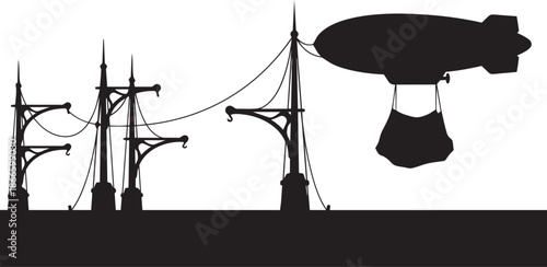 Zeppelin airship flying over ship masts silhouette steampunk style vector illustration