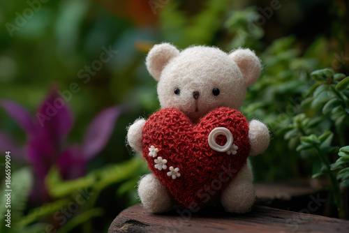 White Teddy Bear Holding Red Crocheted Heart in Garden