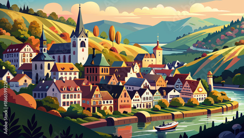 Very beautiful view of Cochem, a historic town on the Moselle River in Germany, surrounded by vineyards, medieval architecture, and romantic river landscapes.