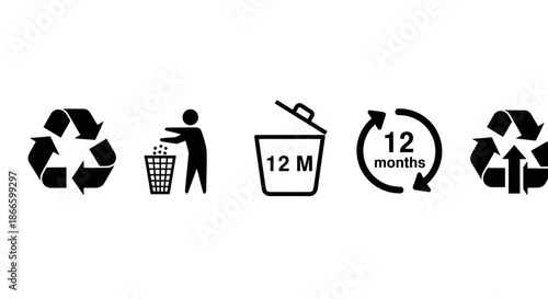 A set of black and white recycling and waste management icons arranged horizontally. From left to right: a standard three-arced recycling symbol