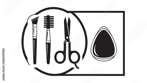 Makeup tools and cosmetics arranged in a minimalist illustration